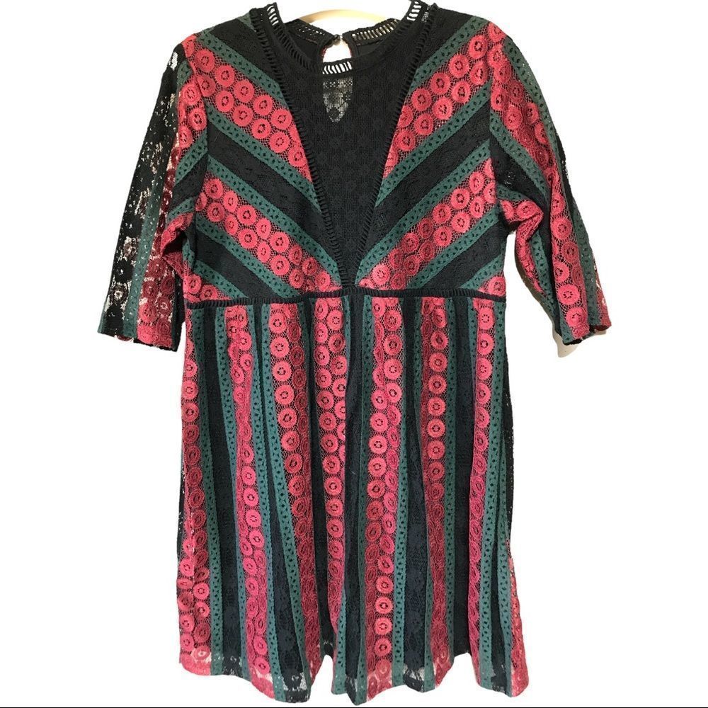 Vintage 90s does 70s semi sheer cut out lace striped gothic dress modern size L